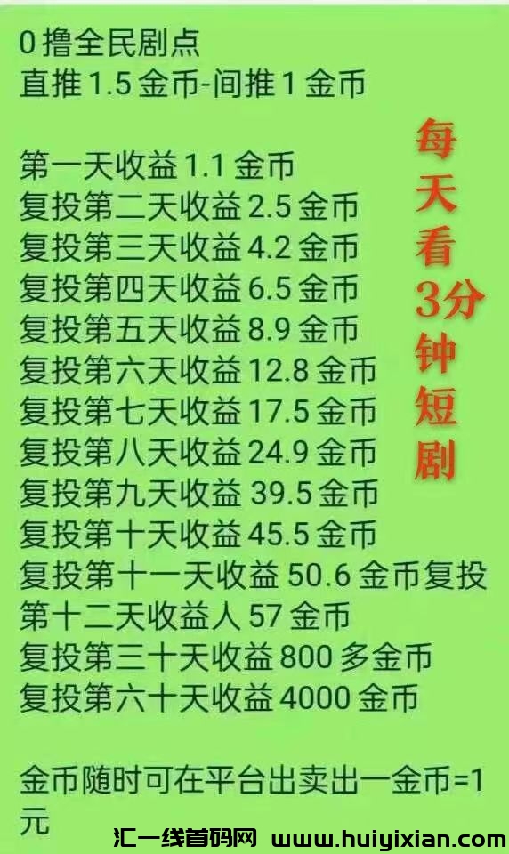 全民剧点，引流、合规收益来源两不误，每天看三分钟短剧，产出即卖，每天0撸50+-汇一线首码网