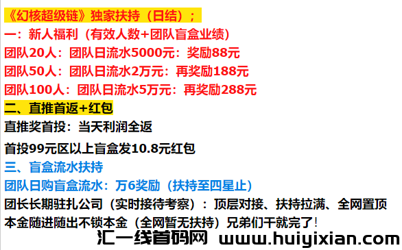 幻核超级链扶持置顶（盲盒搬砖）静态日润3.2%+团队管道高达50%（跨年首选项目）-汇一线首码网